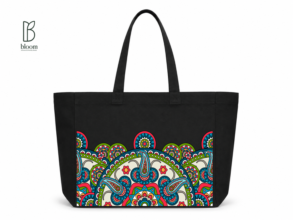 Sunburst Paisley Bloom Canvas Tote Bag - Extended Black | Bloom Bags BD