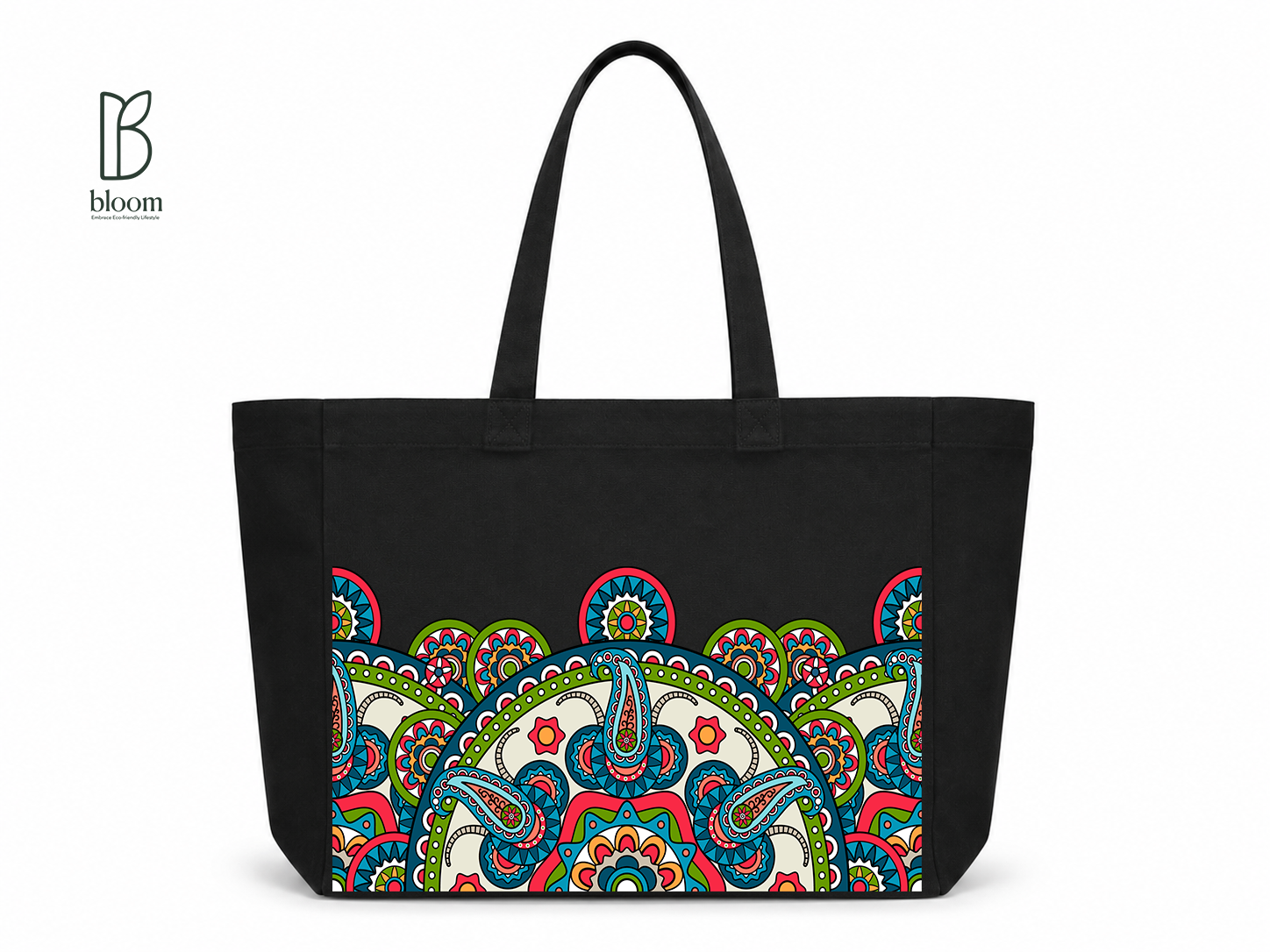 Sunburst Paisley Bloom Canvas Tote Bag - Extended Black | Bloom Bags BD