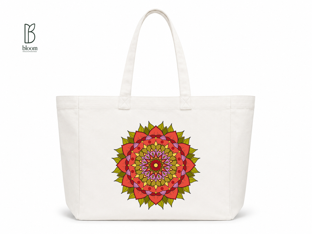 Crimson Petal Mandala Canvas Tote Bag - Extended White | Bloom Bags BD