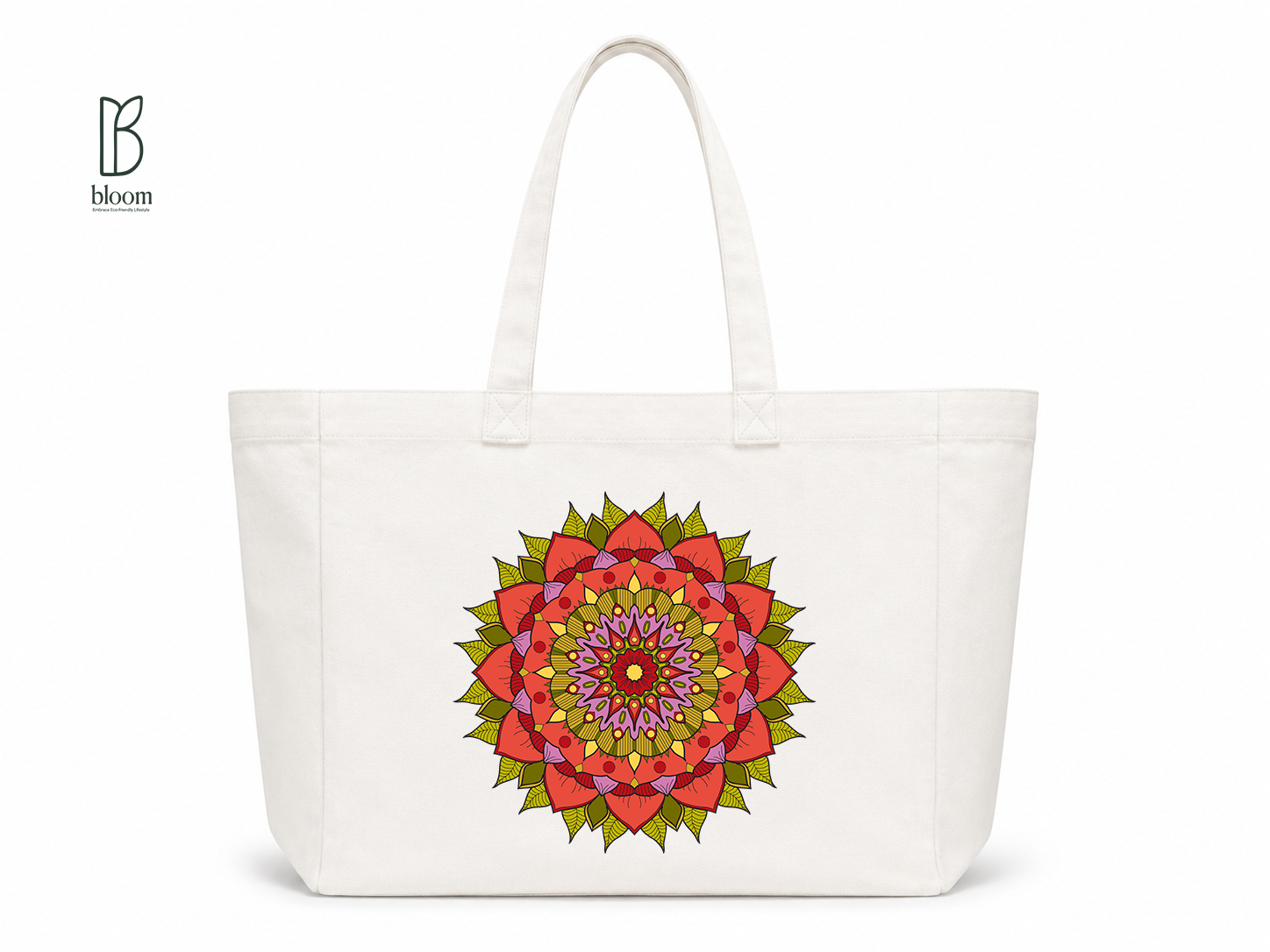 Crimson Petal Mandala Canvas Tote Bag - Extended White | Bloom Bags BD