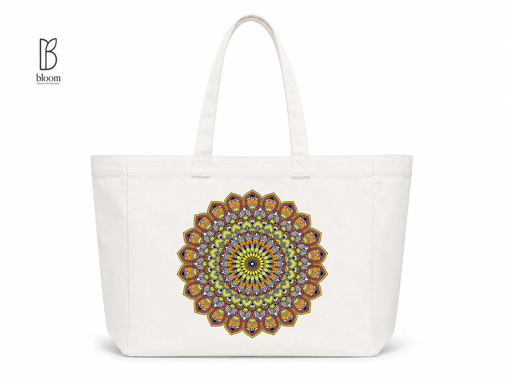 Golden Bloom Mandala Canvas Tote Bag - Extended White | Bloom Bags BD