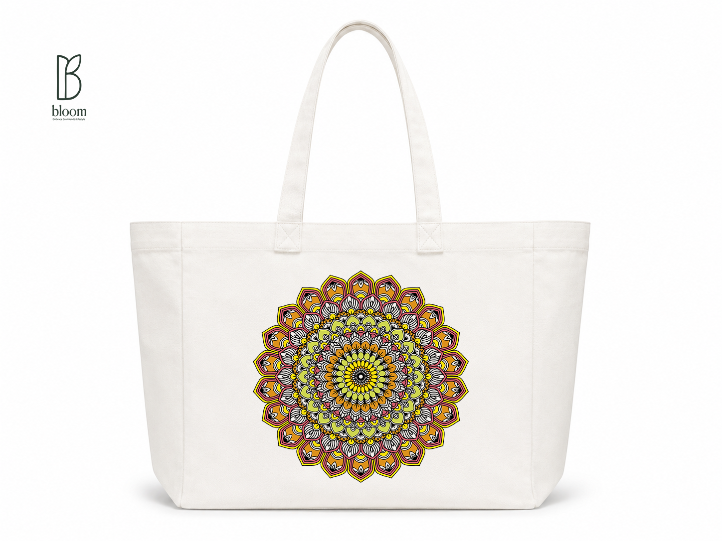 Golden Bloom Mandala Canvas Tote Bag - Extended White | Bloom Bags BD