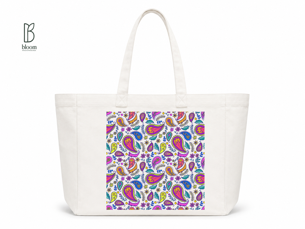 Neon Paisley Garden Canvas Tote Bag - Extended White | Bloom Bags BD