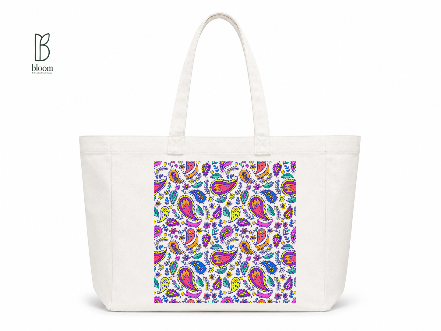Neon Paisley Garden Canvas Tote Bag - Extended White | Bloom Bags BD