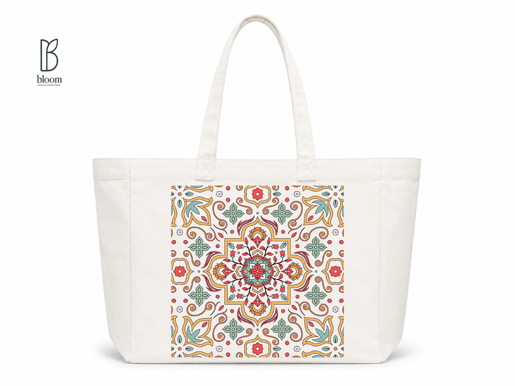 Moroccan Tile Bloom Canvas Tote Bag - Extended White | Bloom Bags BD