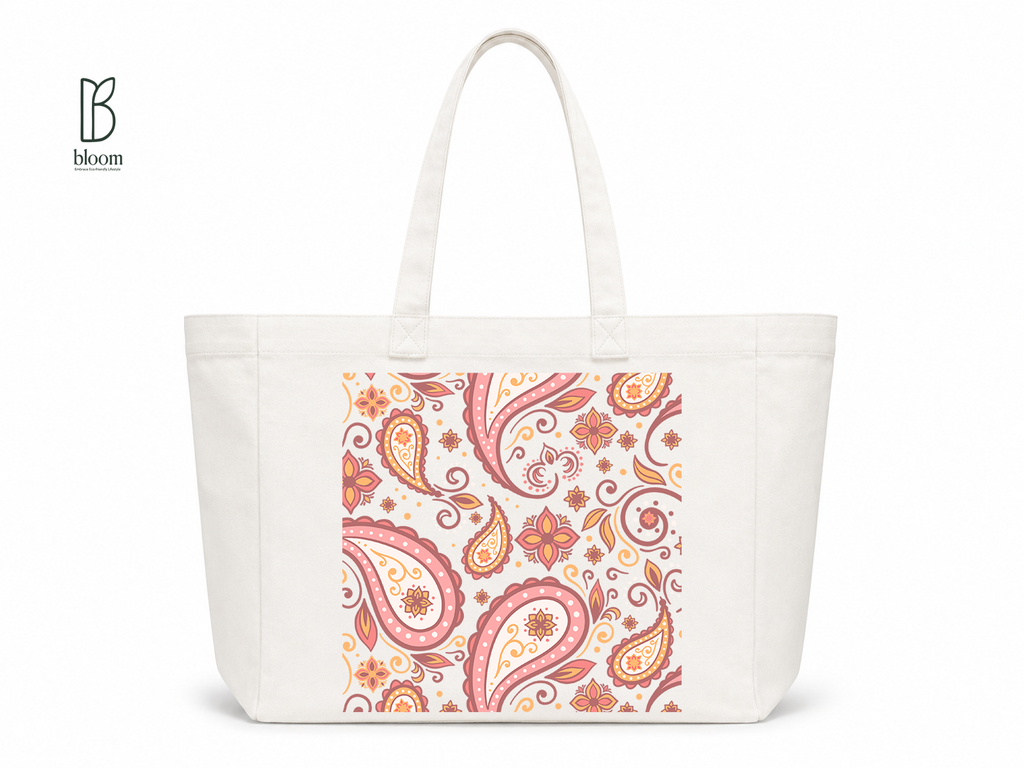 Blush Paisley Whisper Canvas Tote Bag - Extended White | Bloom Bags BD
