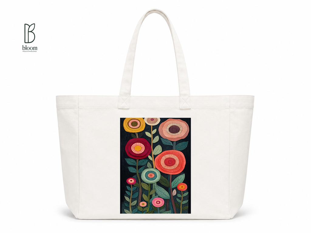 Embroidered Flower Garden Canvas Tote Bag - Extended White | Bloom Bags BD