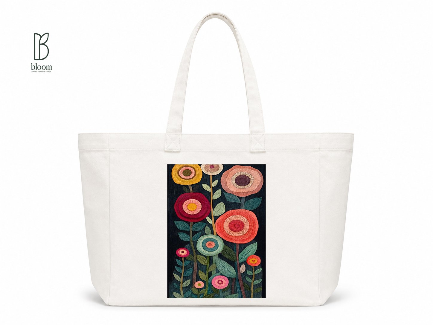 Embroidered Flower Garden Canvas Tote Bag - Extended White | Bloom Bags BD