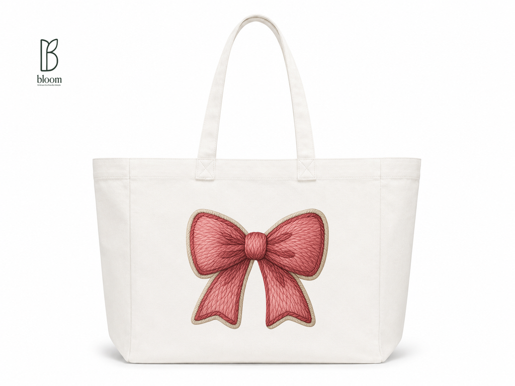 Red Ribbon Bow Canvas Tote Bag - Extended White | Bloom Bags BD