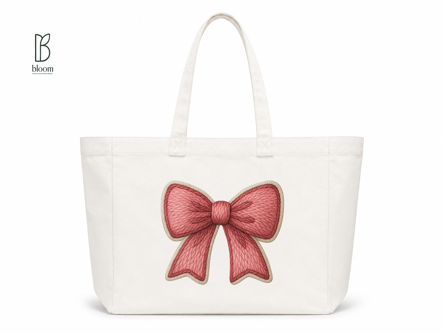 Red Ribbon Bow Canvas Tote Bag - Extended White | Bloom Bags BD