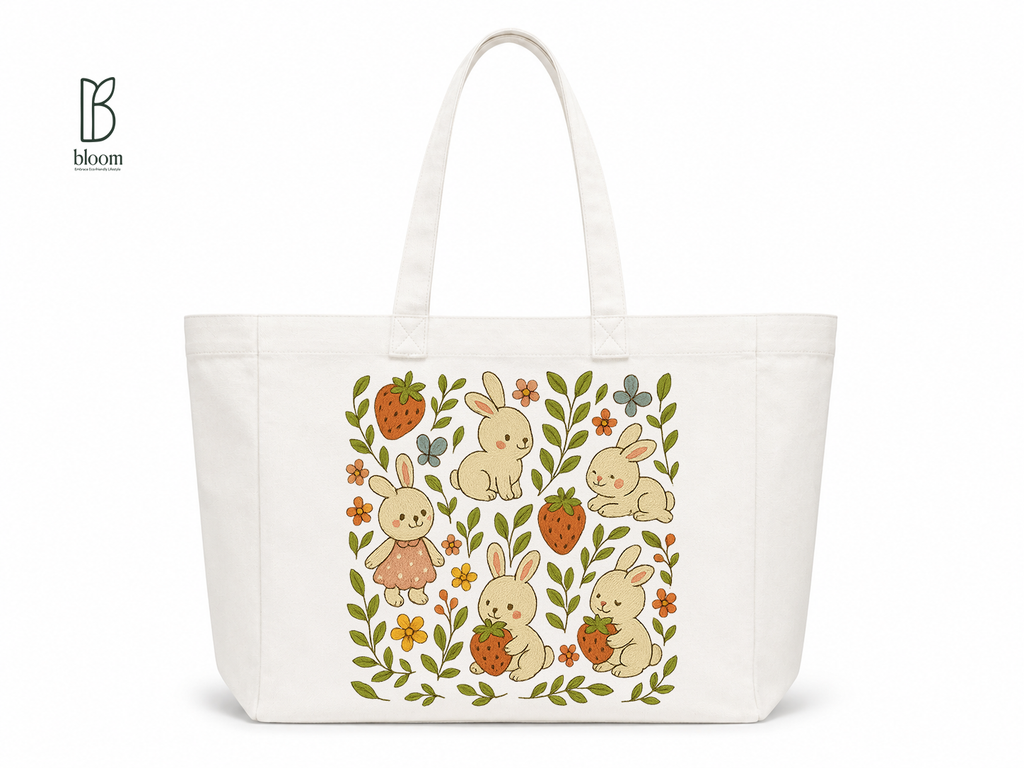 Bunny & Strawberry Meadow Canvas Tote Bag - Extended White | Bloom Bags BD