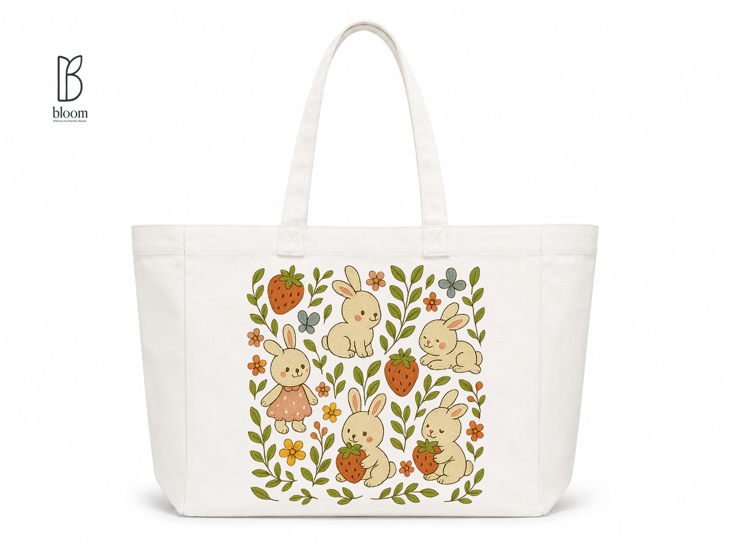 Bunny & Strawberry Meadow Canvas Tote Bag - Extended White | Bloom Bags BD