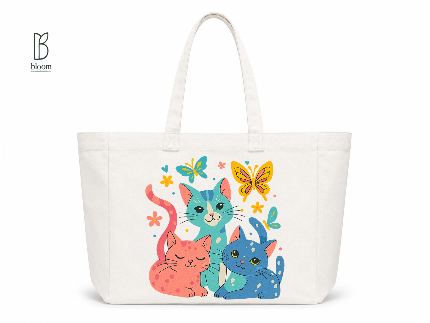 Three Kitties & Butterflies Canvas Tote Bag - Extended White | Bloom Bags BD