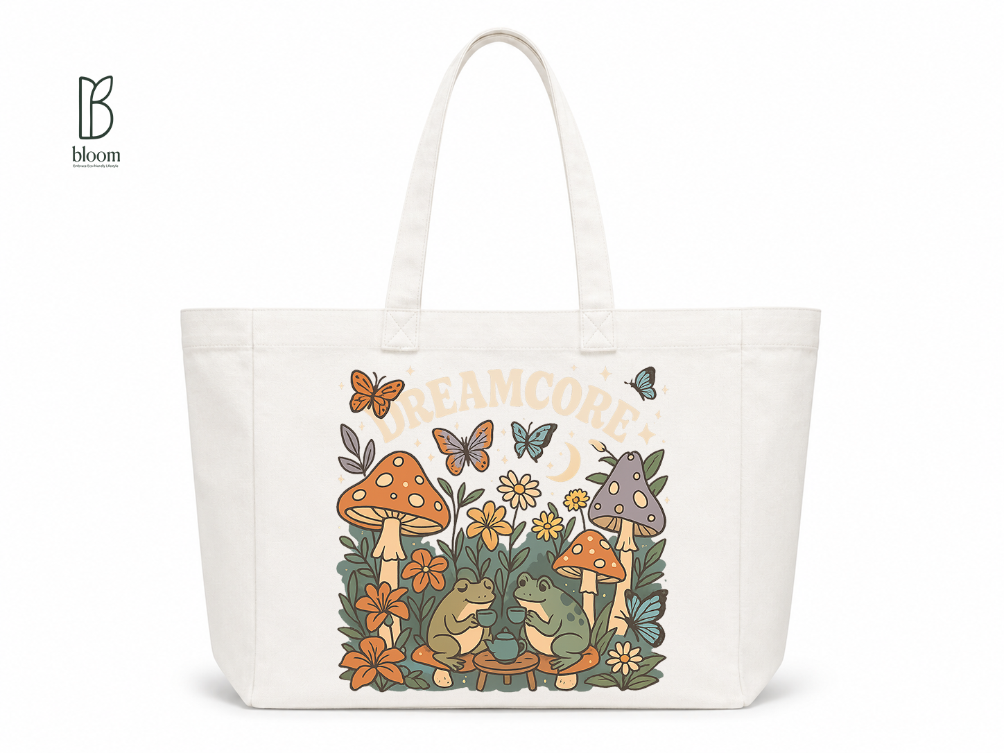 Dreamcore Frog Tea Party Canvas Tote Bag - Extended White | Bloom Bags BD