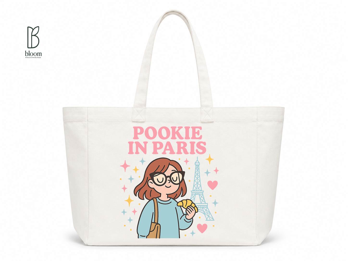 Pookie in Paris canvas tote bag - Extended size, White, front view