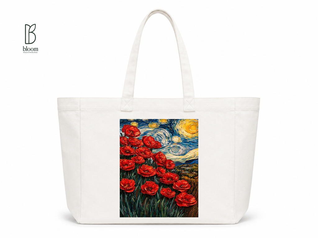 Starlit Poppies canvas tote bag - Extended White | Bloom Bags BD