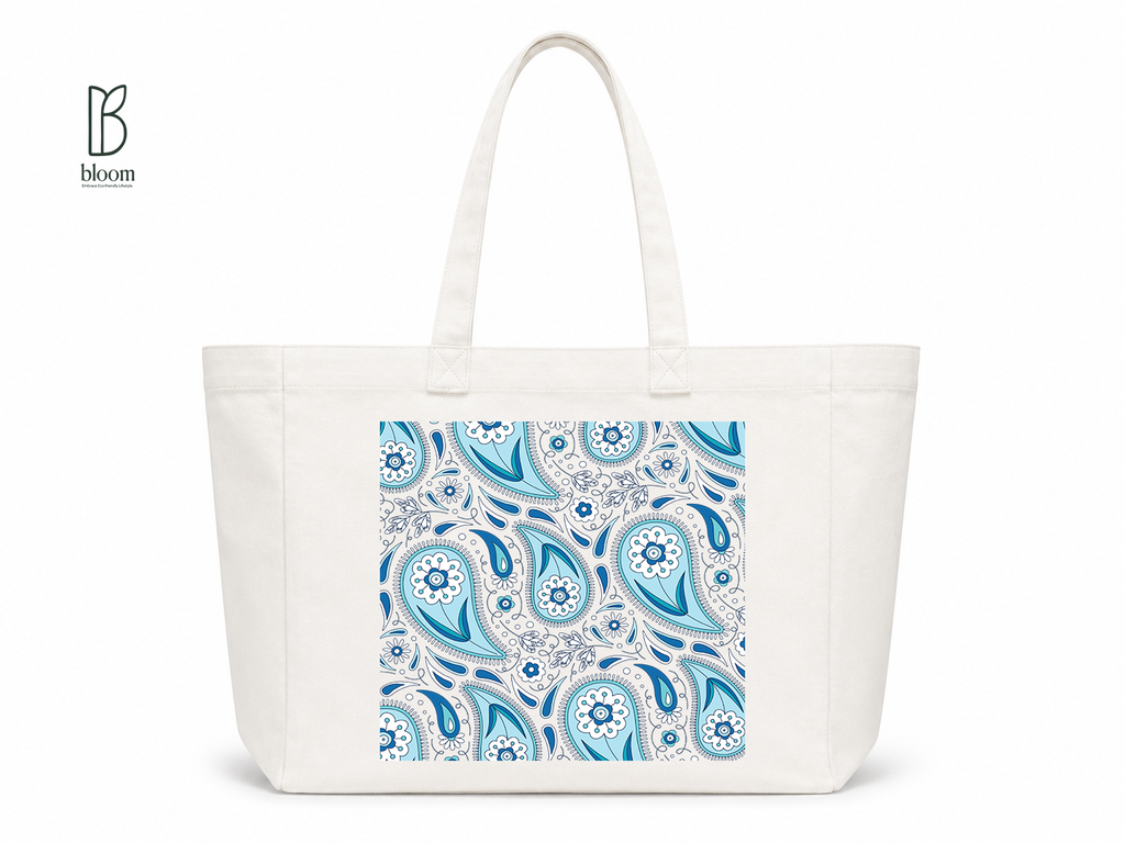 Indigo Paisley canvas tote bag - Extended White | Bloom Bags BD