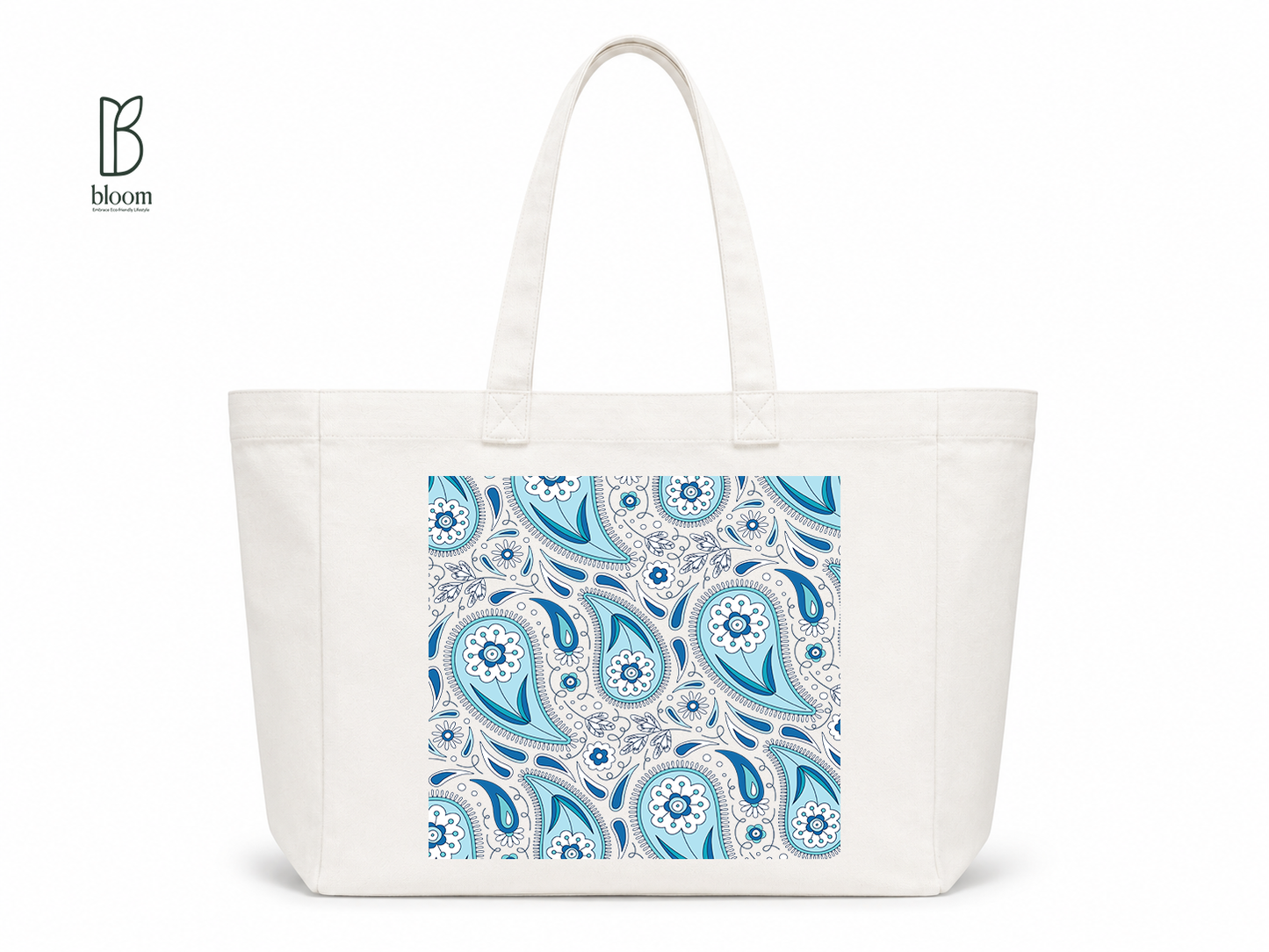 Indigo Paisley canvas tote bag - Extended White | Bloom Bags BD