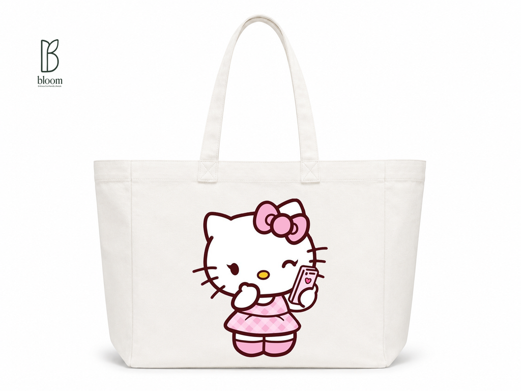 Kitty Selfie Moment Canvas Tote Bag - Extended White | Bloom Bags BD