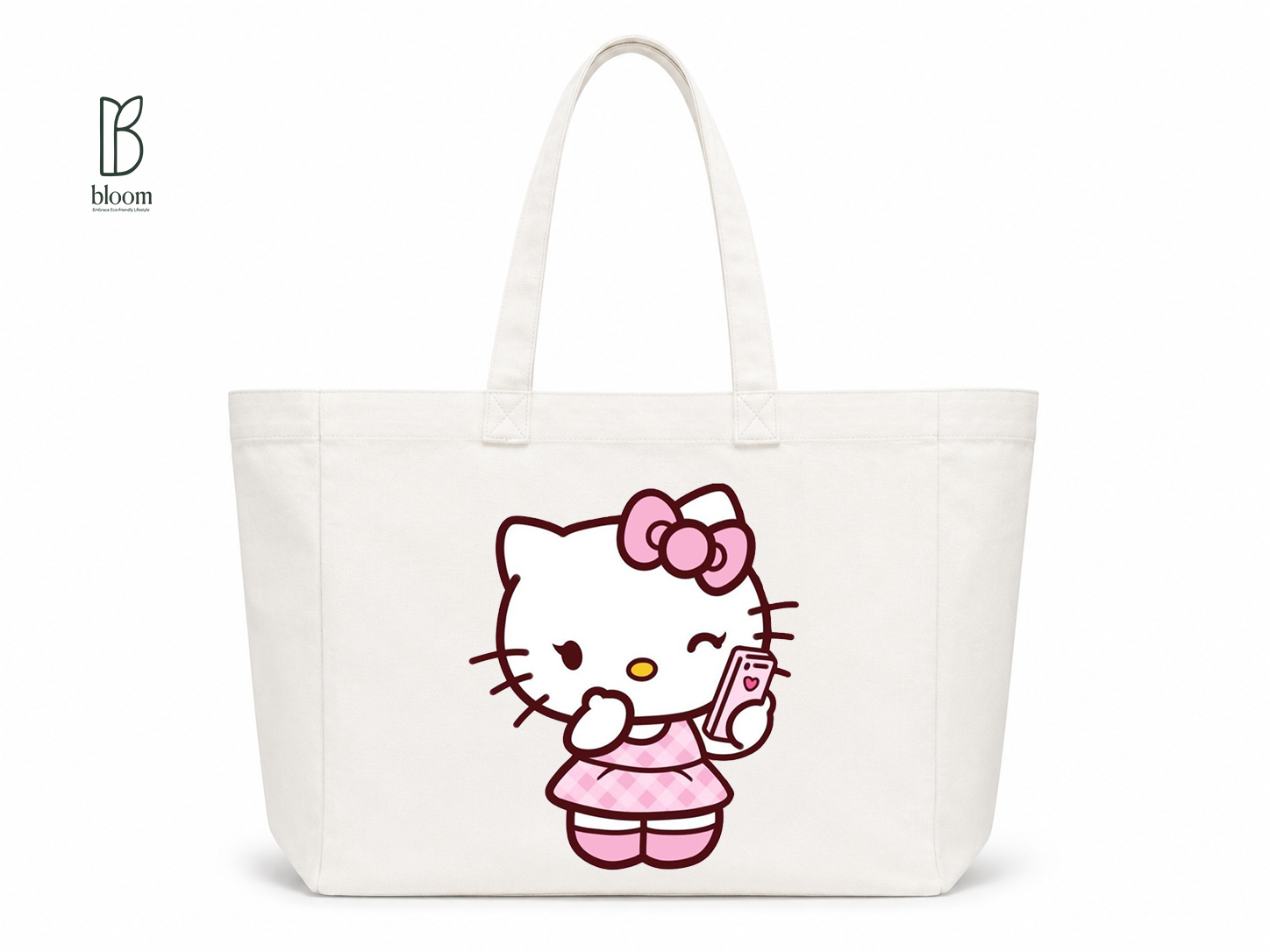 Kitty Selfie Moment Canvas Tote Bag - Extended White | Bloom Bags BD