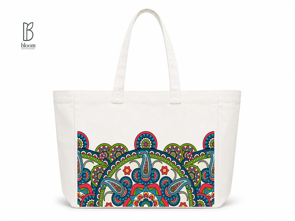 Sunburst Paisley Bloom Canvas Tote Bag - Extended White | Bloom Bags BD