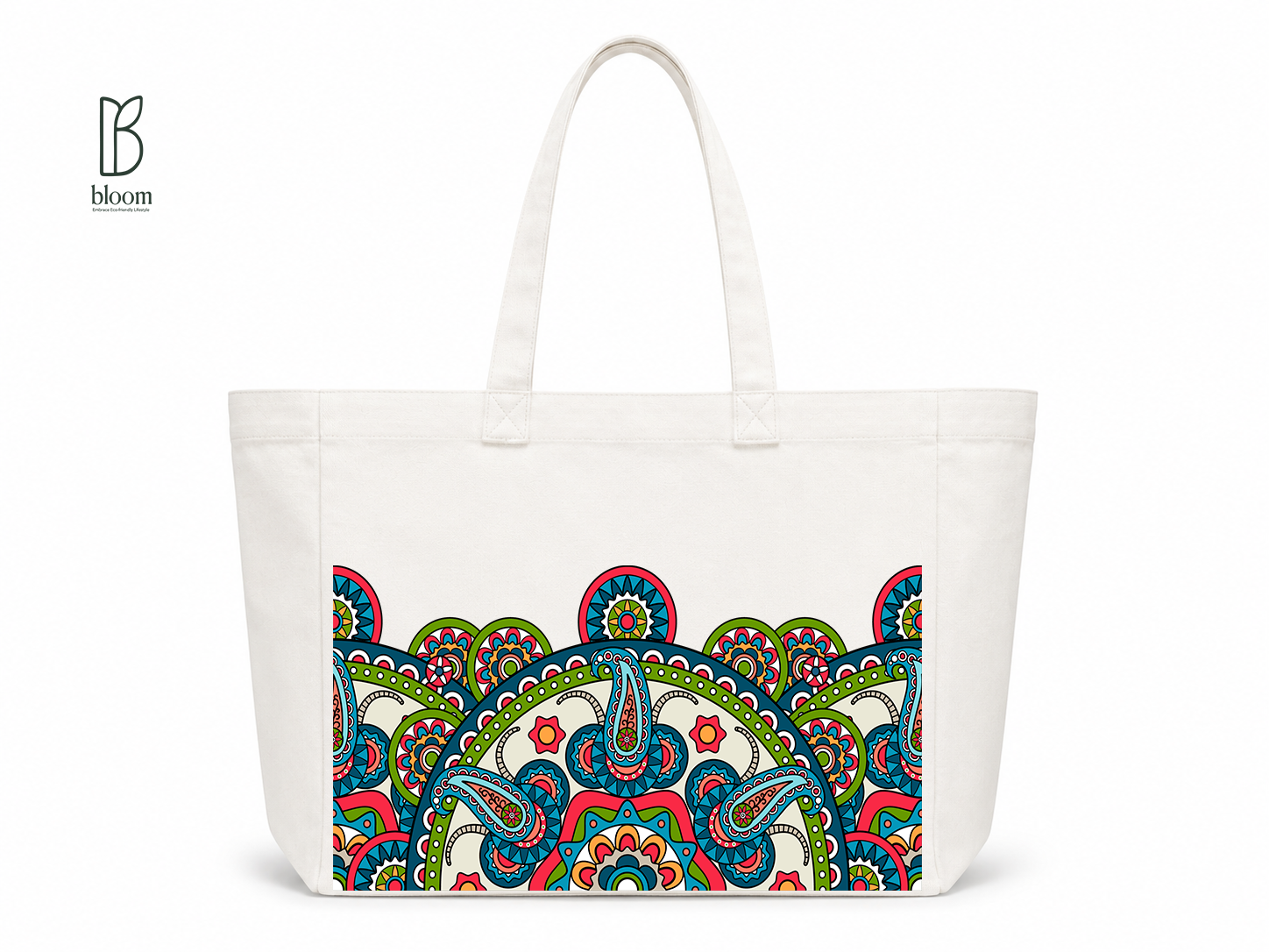 Sunburst Paisley Bloom Canvas Tote Bag - Extended White | Bloom Bags BD