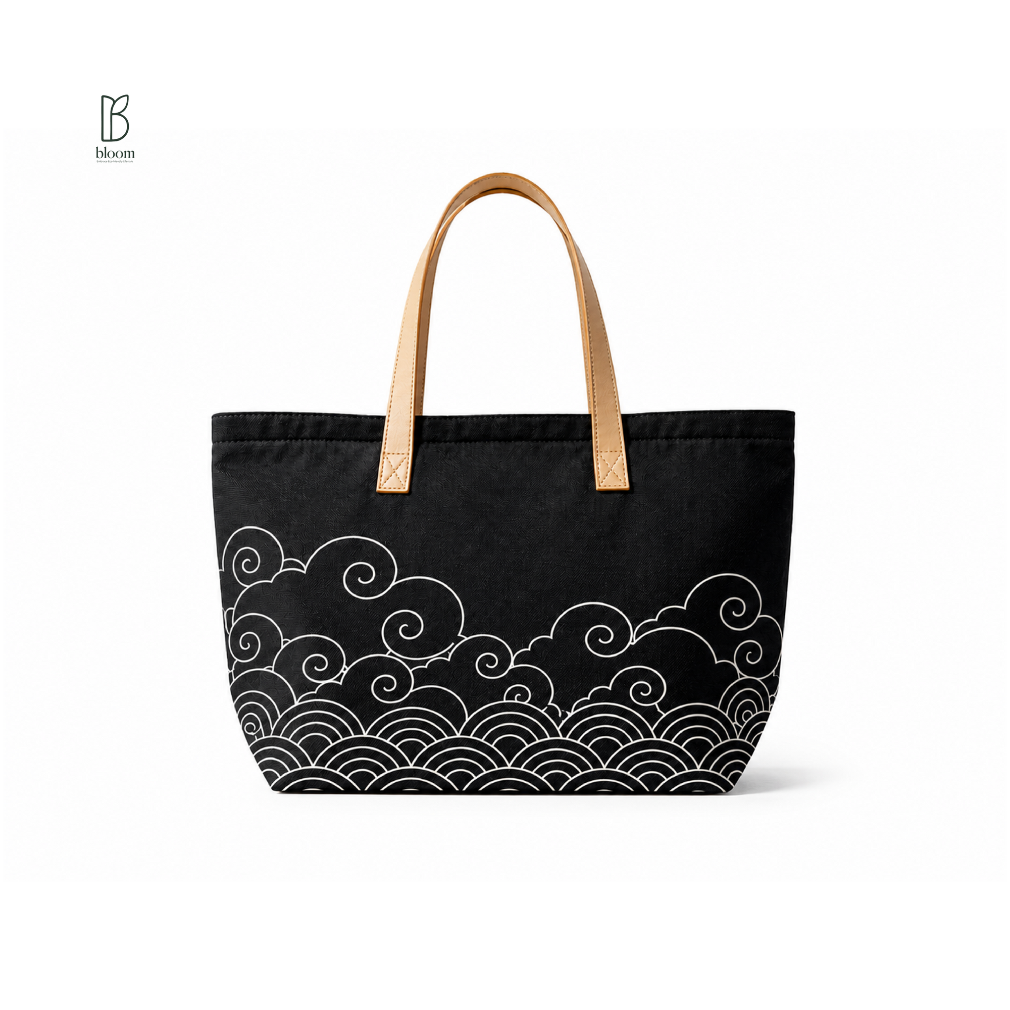 Kumo black canvas tote bag with Japanese wave print and tan leather handles - front view