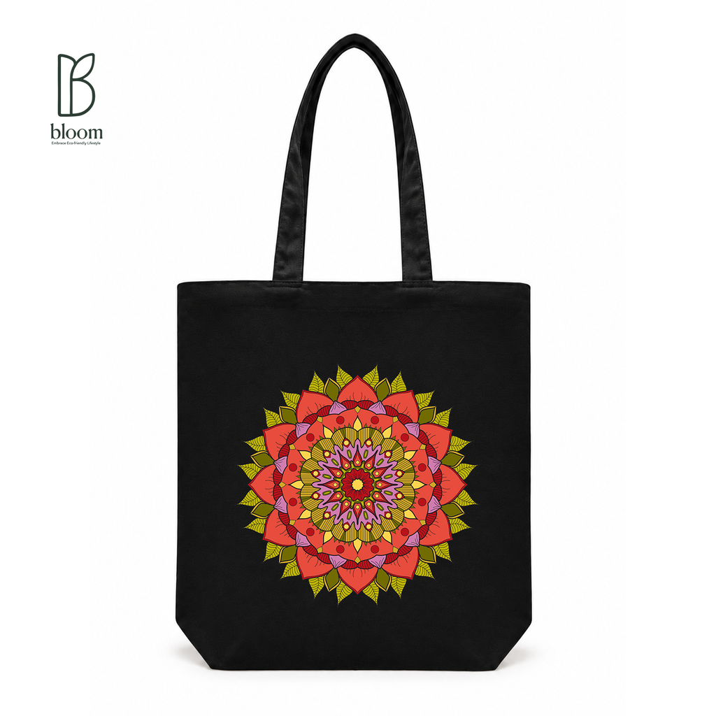 Crimson Petal Mandala Canvas Tote Bag - Regular Black | Bloom Bags BD