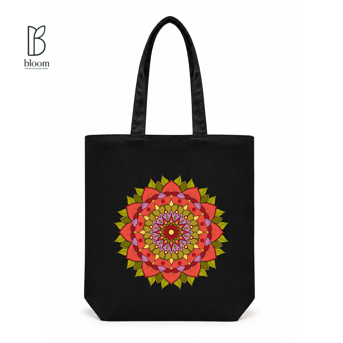 Crimson Petal Mandala Canvas Tote Bag - Regular Black | Bloom Bags BD