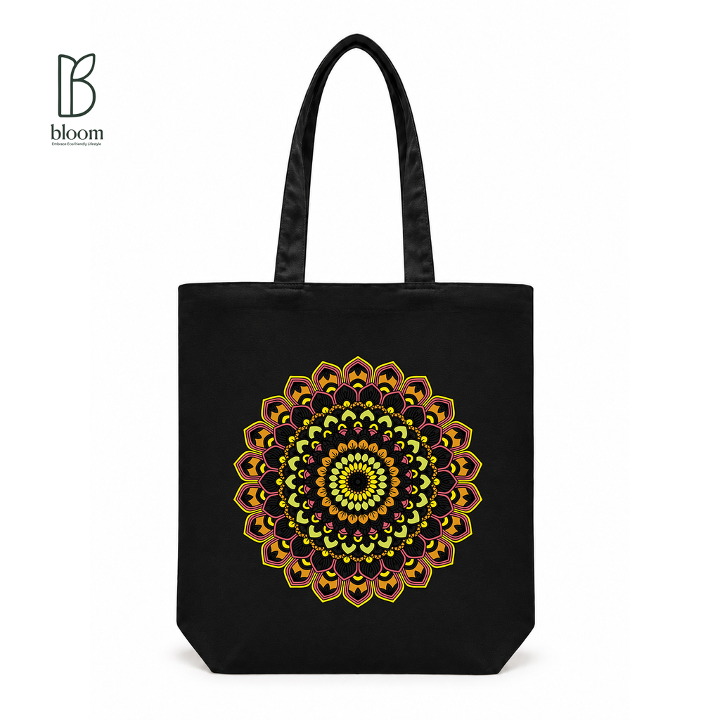 Golden Bloom Mandala Canvas Tote Bag - Regular Black | Bloom Bags BD
