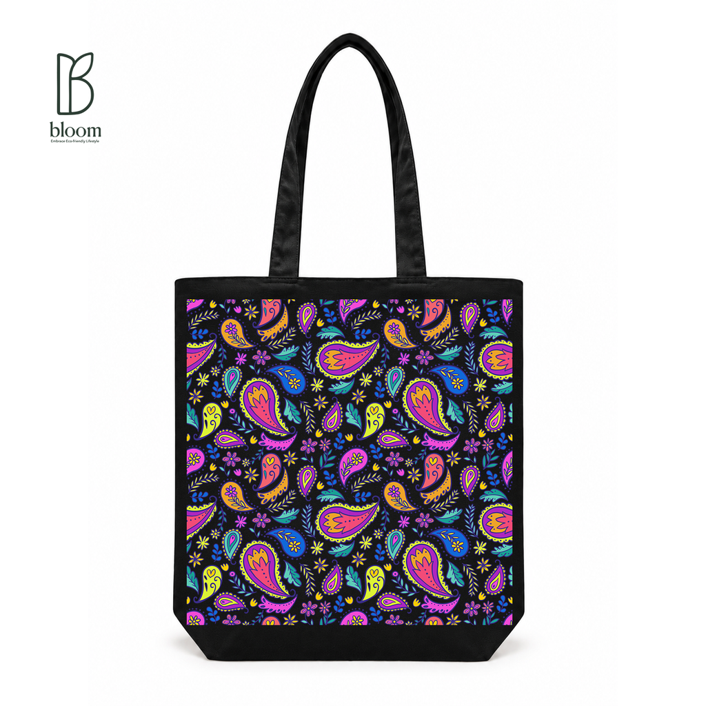 Neon Paisley Garden Canvas Tote Bag - Regular Black | Bloom Bags BD