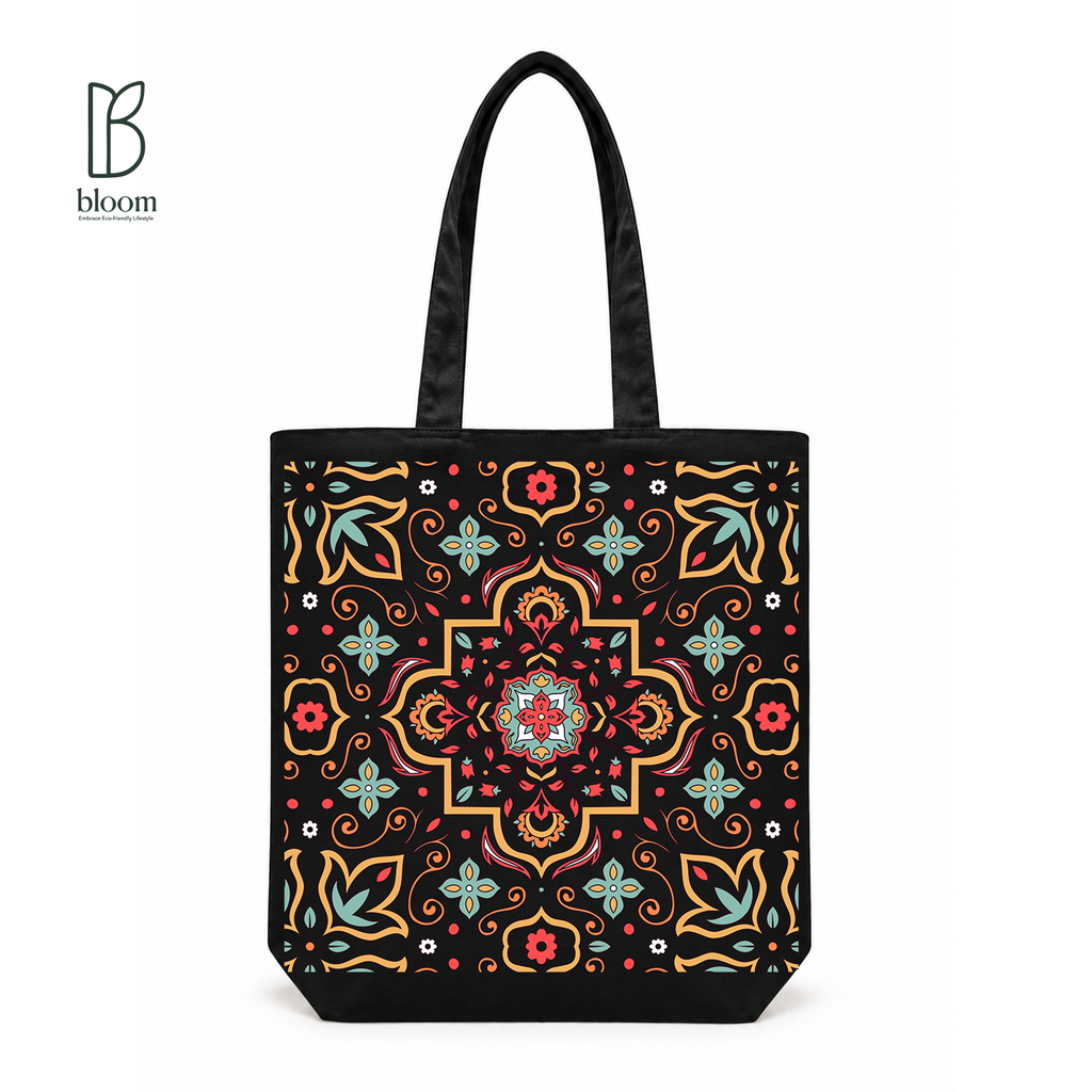 Moroccan Tile Bloom Canvas Tote Bag - Regular Black | Bloom Bags BD