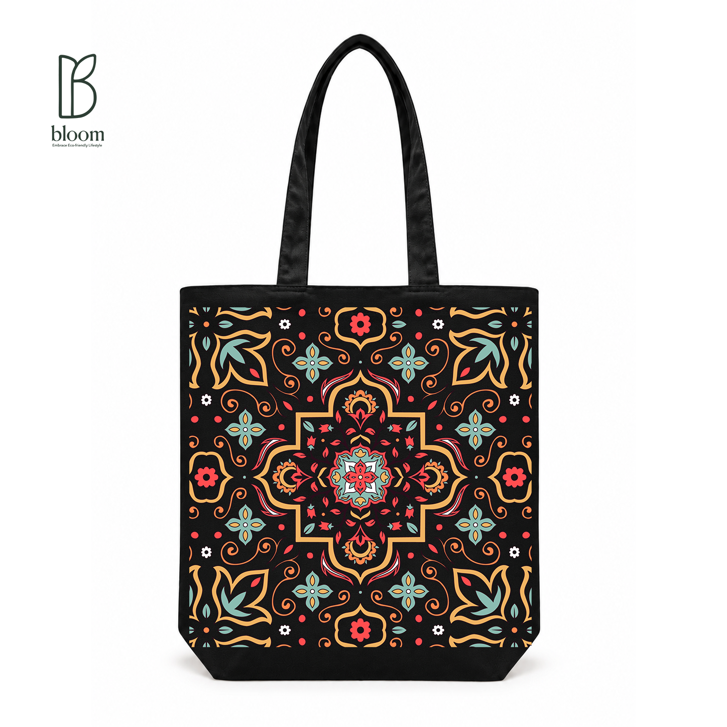 Moroccan Tile Bloom Canvas Tote Bag - Regular Black | Bloom Bags BD