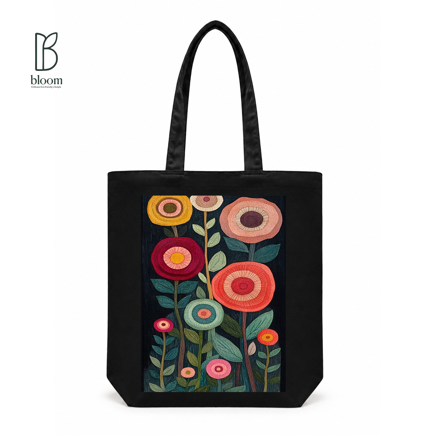 Embroidered Flower Garden Canvas Tote Bag - Regular Black | Bloom Bags BD