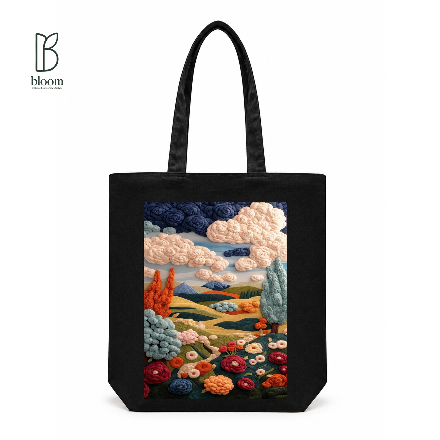 Embroidered Valley Bloom Canvas Tote Bag - Regular Black | Bloom Bags BD