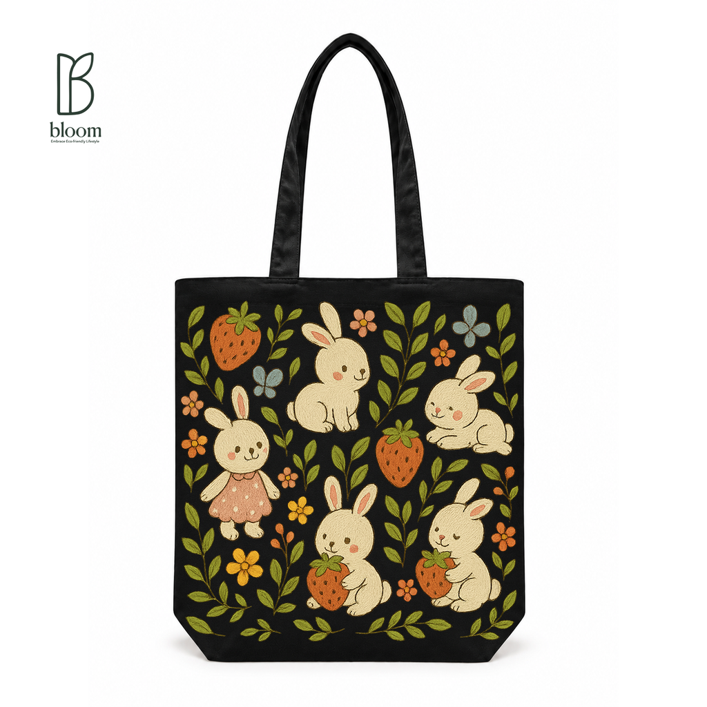 Bunny & Strawberry Meadow Canvas Tote Bag - Regular Black | Bloom Bags BD