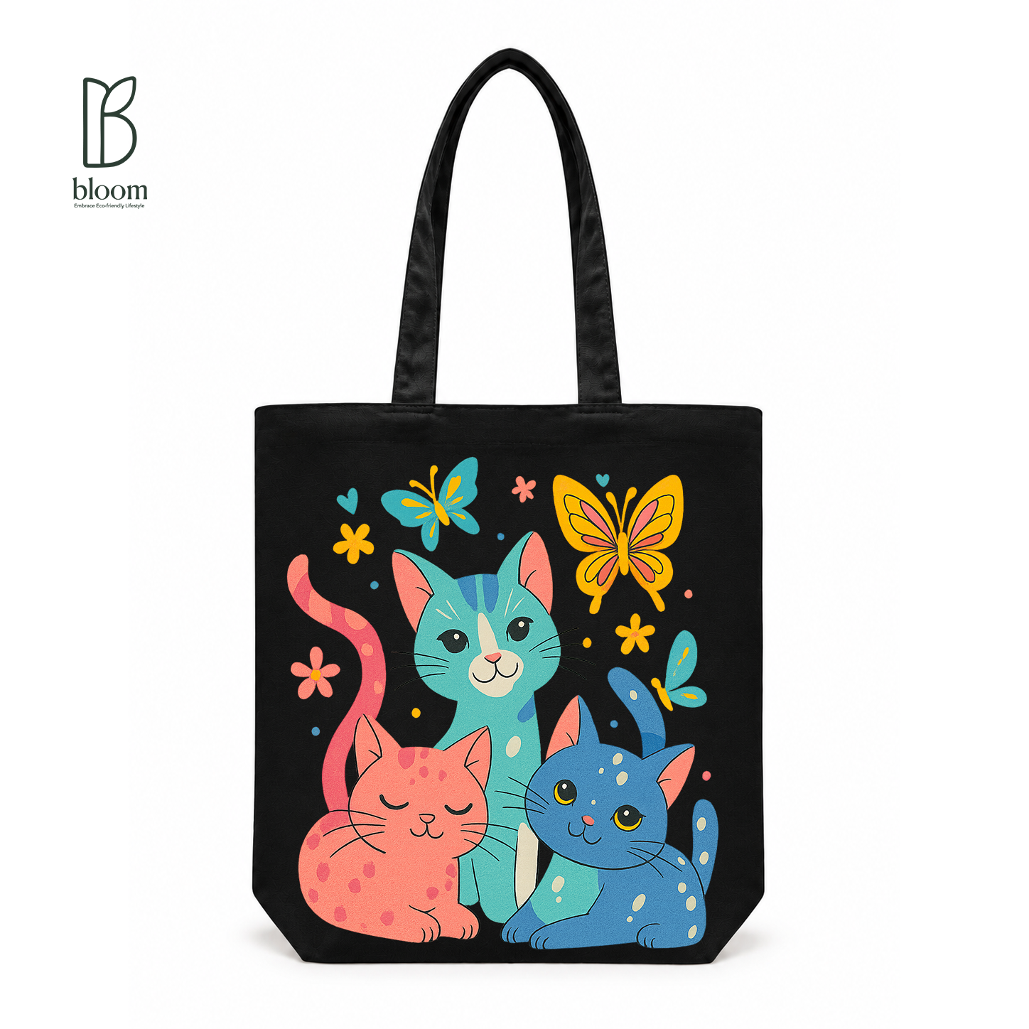 Three Kitties & Butterflies Canvas Tote Bag - Regular Black | Bloom Bags BD