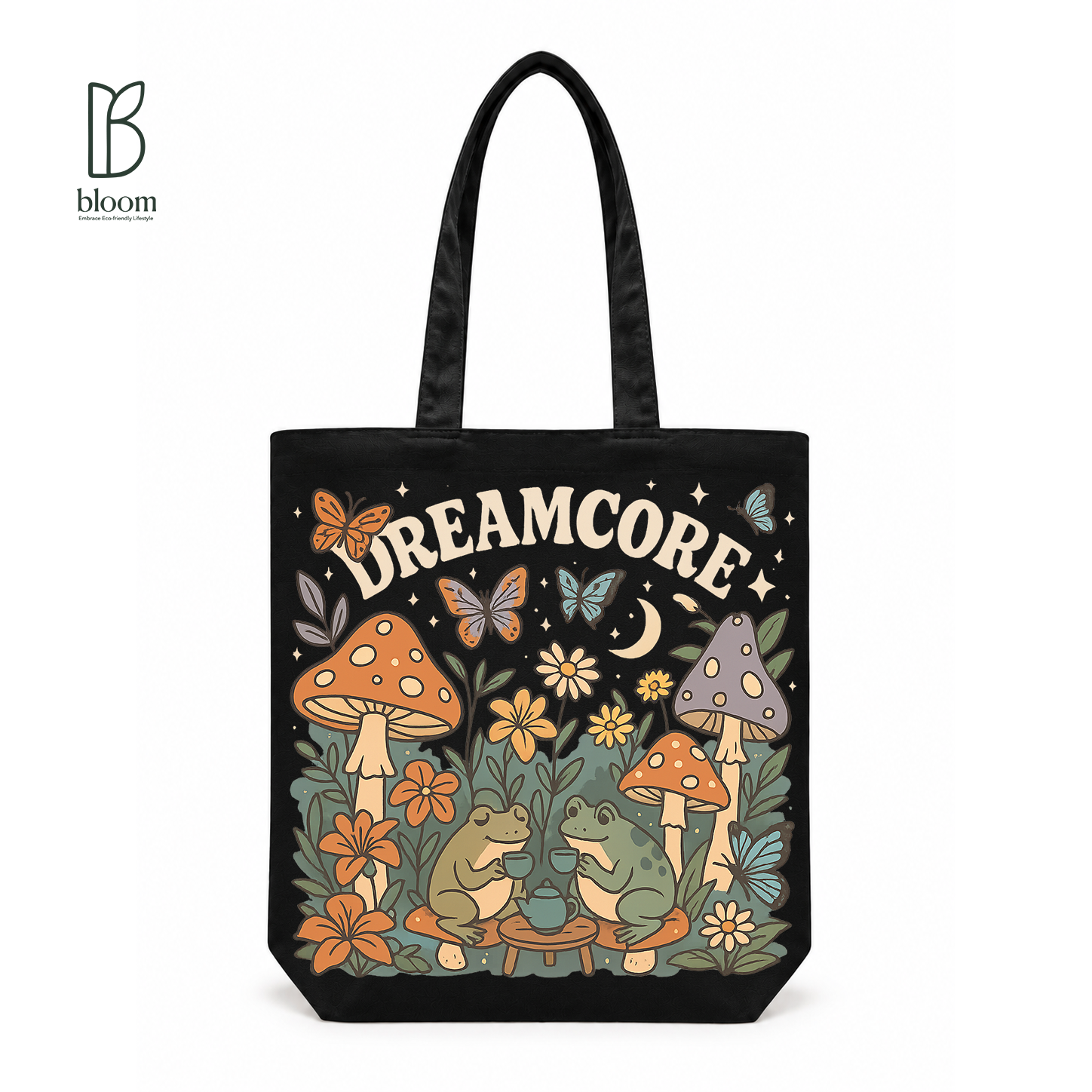 Dreamcore Frog Tea Party Canvas Tote Bag - Regular Black | Bloom Bags BD