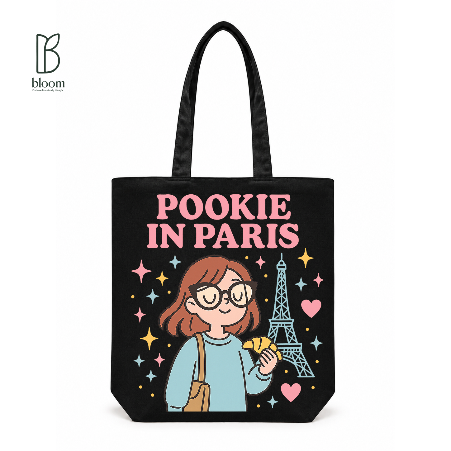 Pookie in Paris canvas tote bag - Regular size, Black, front view