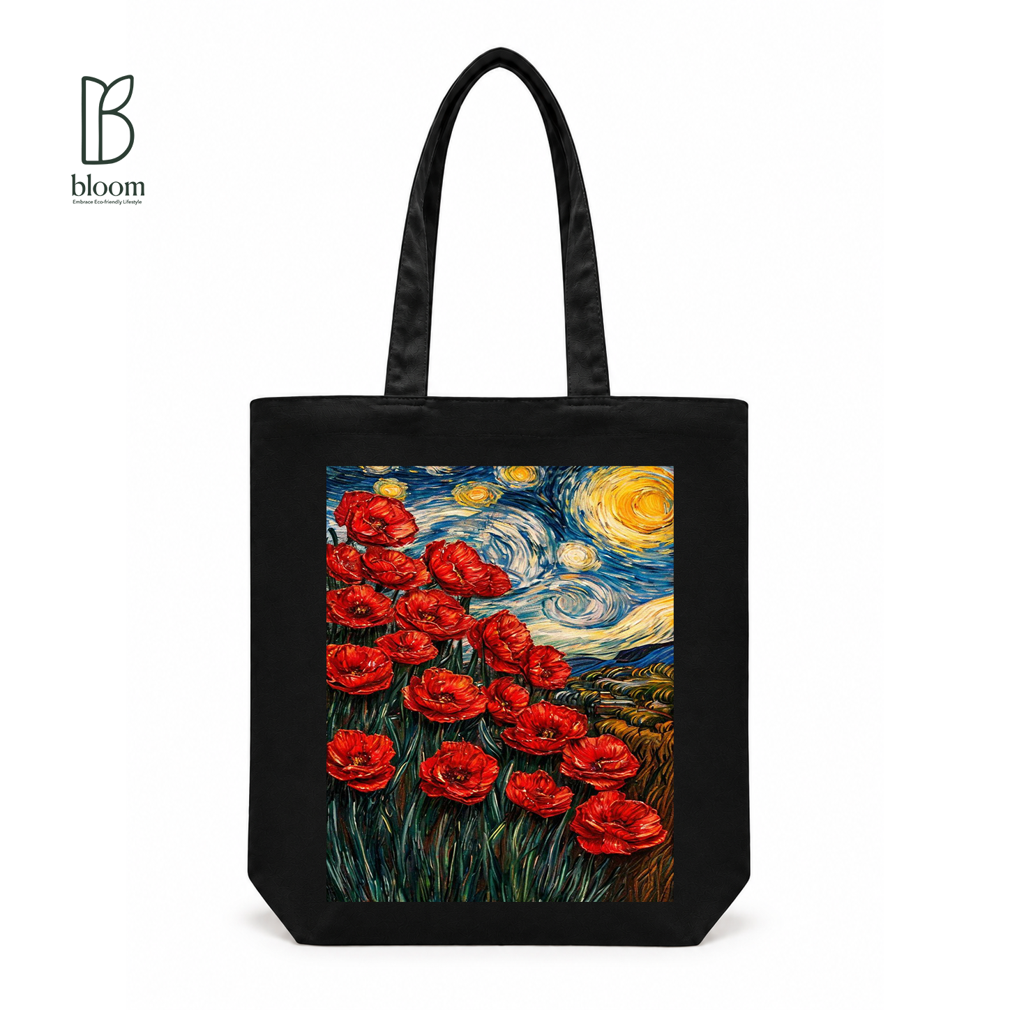 Starlit Poppies canvas tote bag - Regular Black | Bloom Bags BD