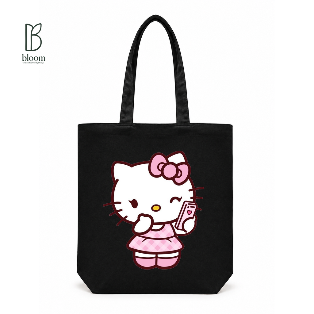 Kitty Selfie Moment Canvas Tote Bag - Regular Black | Bloom Bags BD