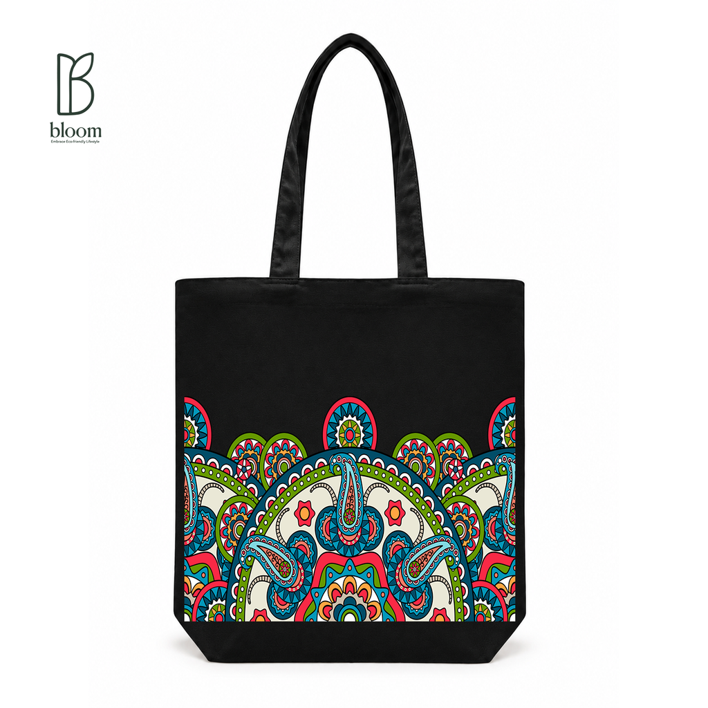 Sunburst Paisley Bloom Canvas Tote Bag - Regular Black | Bloom Bags BD