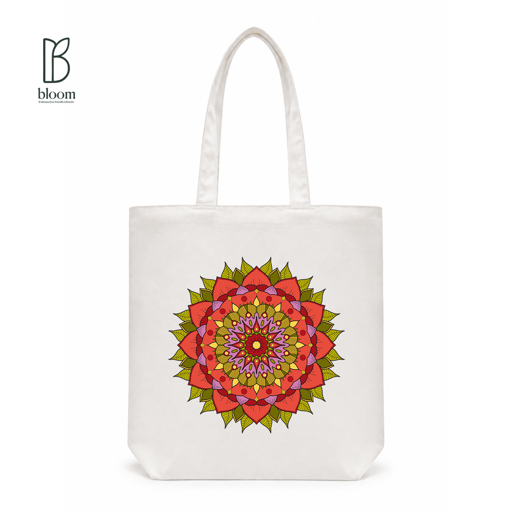 Crimson Petal Mandala Canvas Tote Bag - Regular White | Bloom Bags BD