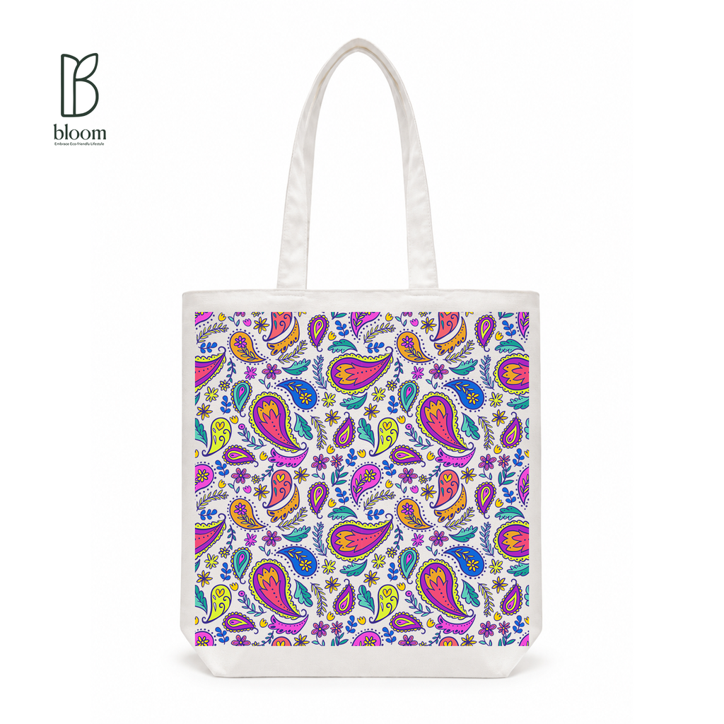Neon Paisley Garden Canvas Tote Bag - Regular White | Bloom Bags BD