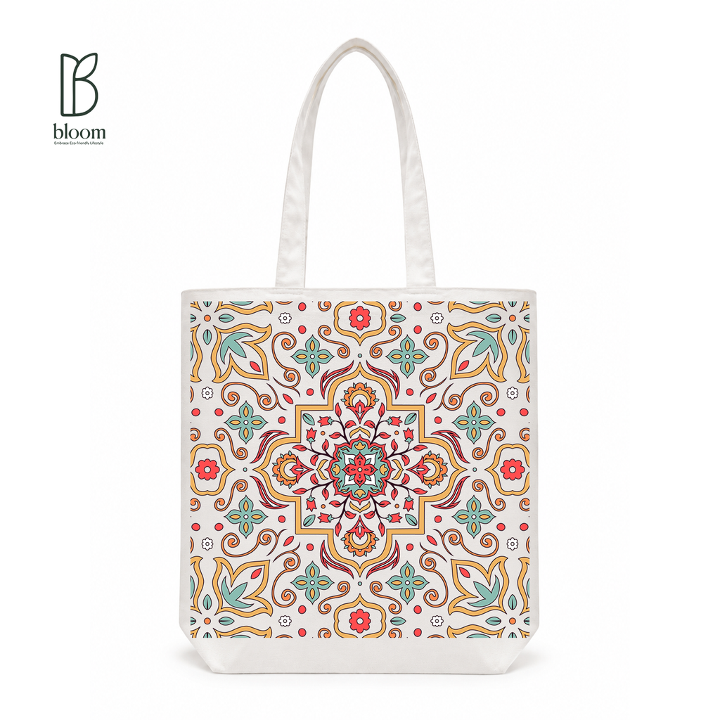Moroccan Tile Bloom Canvas Tote Bag - Regular White | Bloom Bags BD