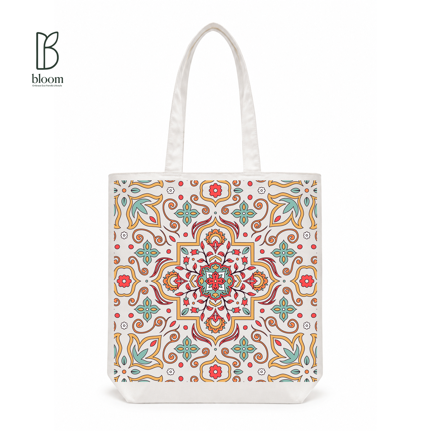 Moroccan Tile Bloom Canvas Tote Bag - Regular White | Bloom Bags BD