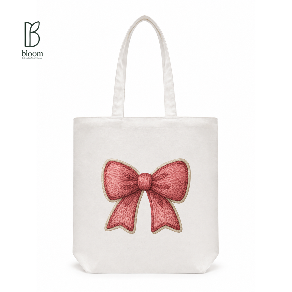 Red Ribbon Bow Canvas Tote Bag - Regular White | Bloom Bags BD
