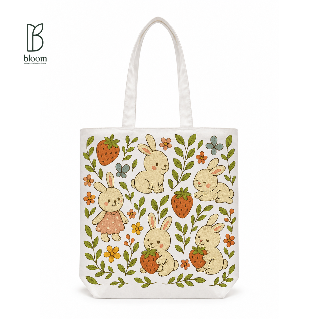 Bunny & Strawberry Meadow Canvas Tote Bag - Regular White | Bloom Bags BD