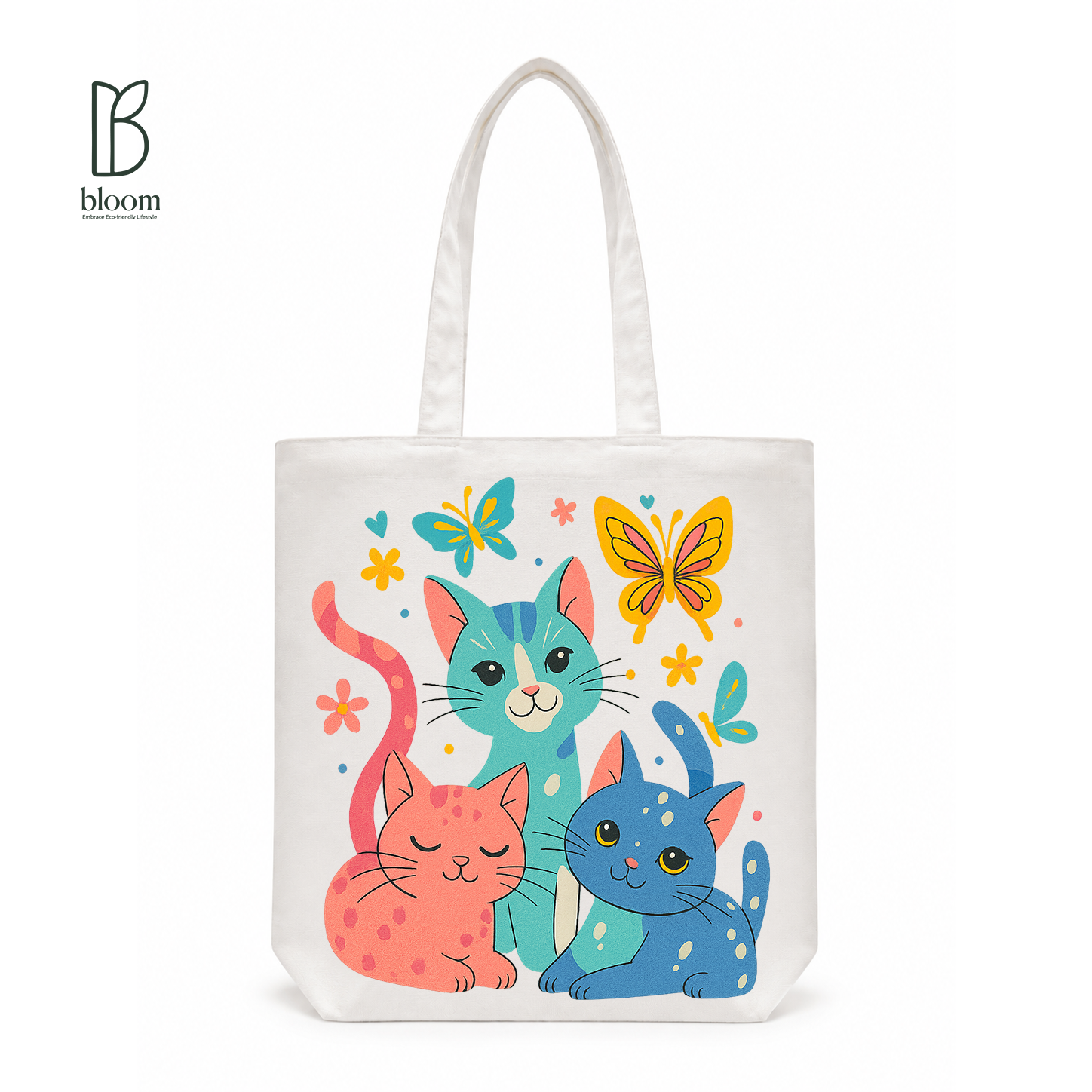 Three Kitties & Butterflies Canvas Tote Bag - Regular White | Bloom Bags BD