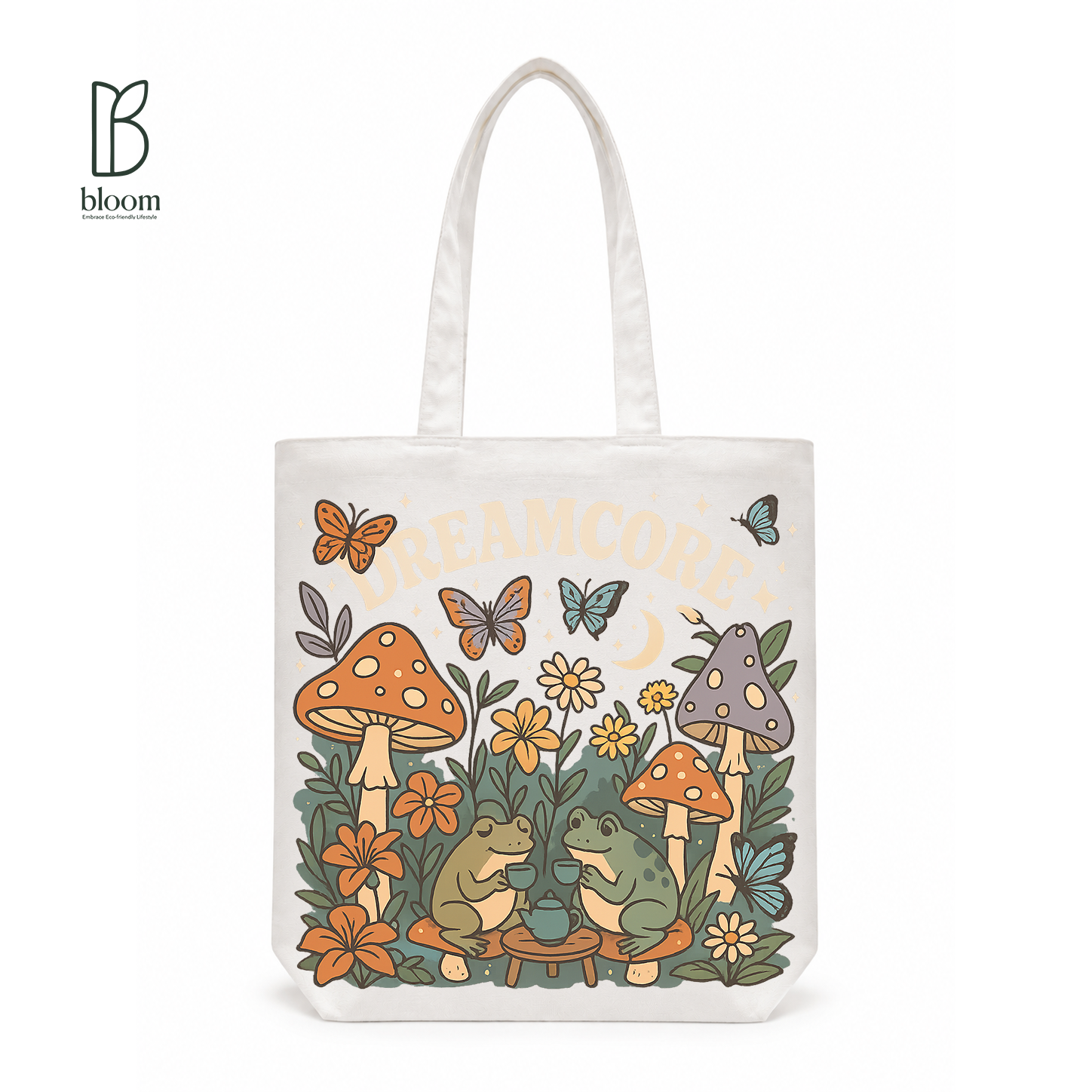 Dreamcore Frog Tea Party Canvas Tote Bag - Regular White | Bloom Bags BD